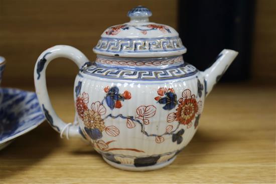 18th century Chinese porcelain: a blue and white plate, a bowl and an Imari teapot and cover